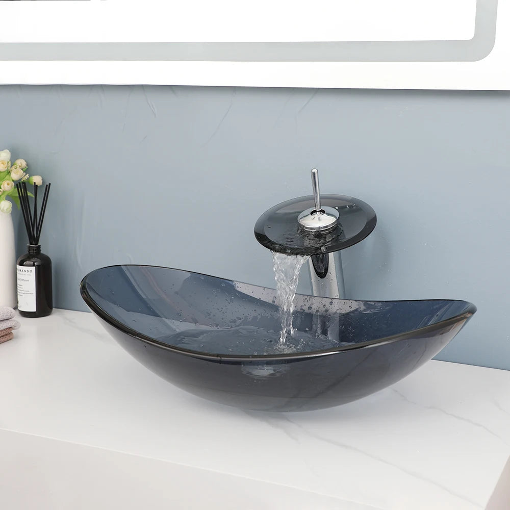 Mekkhala Oval Tempered Glass Vessel Sink With Faucet