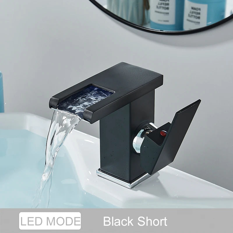MYQualife LED Waterfall Basin Sink Faucet Single Handle Deck Mounted