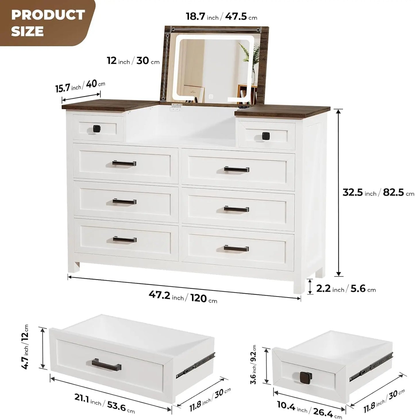 Dresser With LED Mirror 8-Drawer Wood Chest For Bedroom