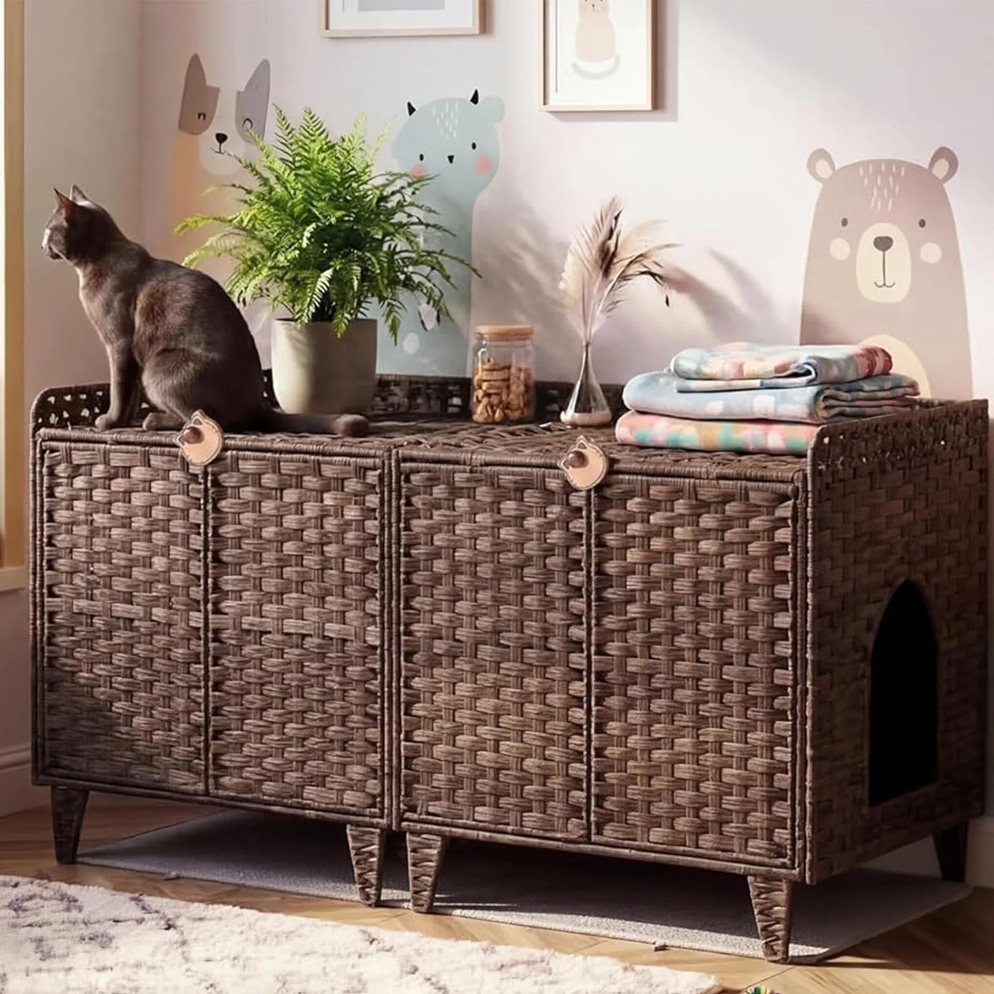 DishyKooker Rattan Double Door Cat Litter Box Enclosure