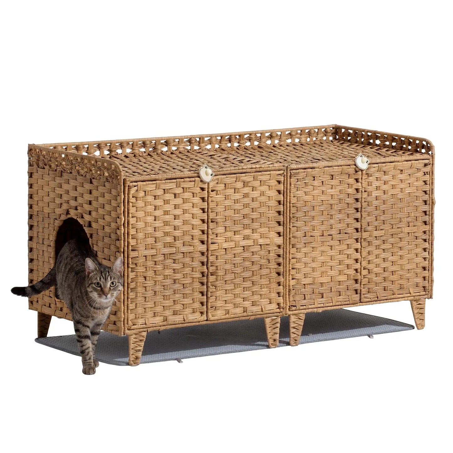 DishyKooker Rattan Double Door Cat Litter Box Enclosure