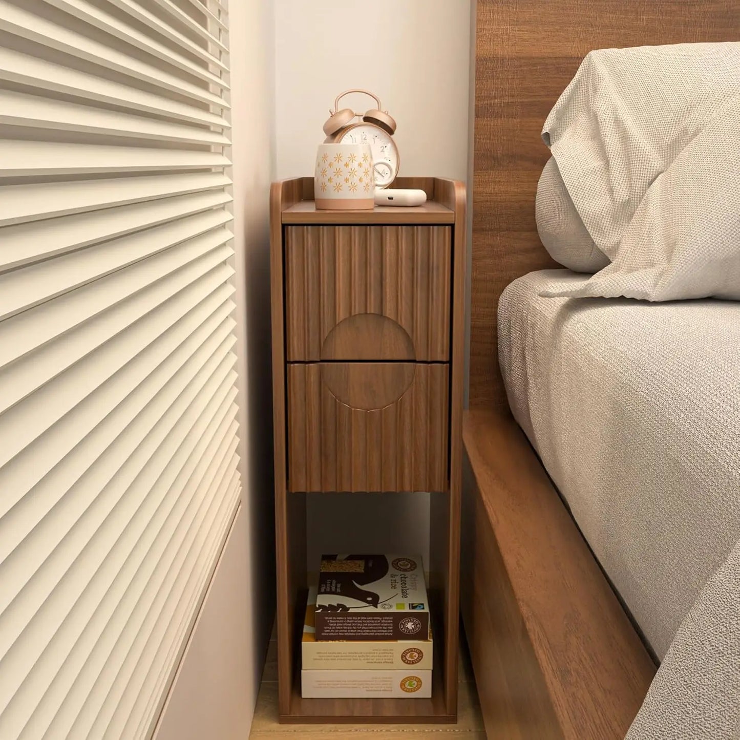 Narrow Fluted Nightstand Set Of 2 Wooden Two Drawer Bedside Tables