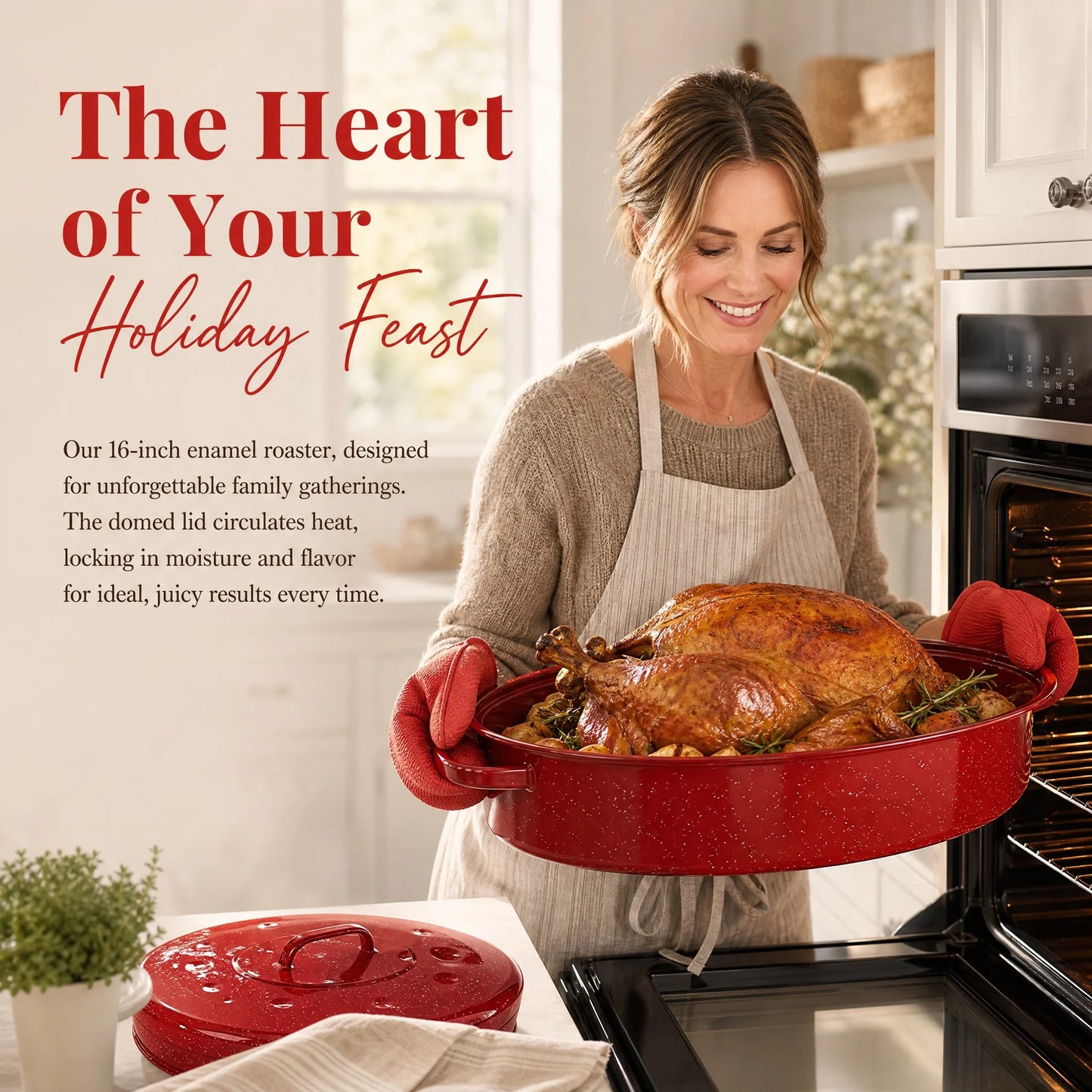 Enamel Carbon Steel Oval Roasting Pan With Lid For Turkey And Vegetables