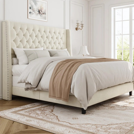 Upholstered Platform Bed Frame With Button Tufted Headboard
