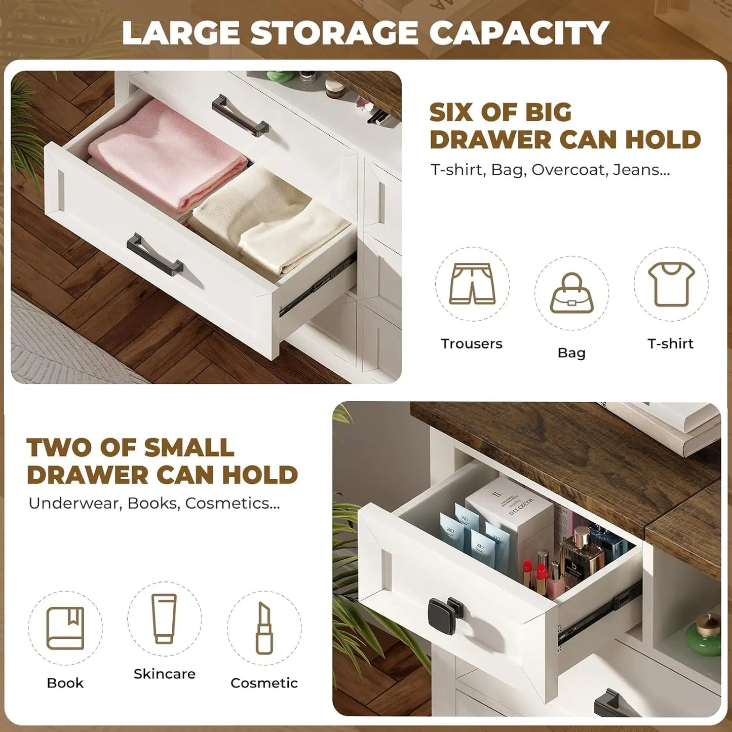 Dresser With LED Mirror 8-Drawer Wood Chest For Bedroom