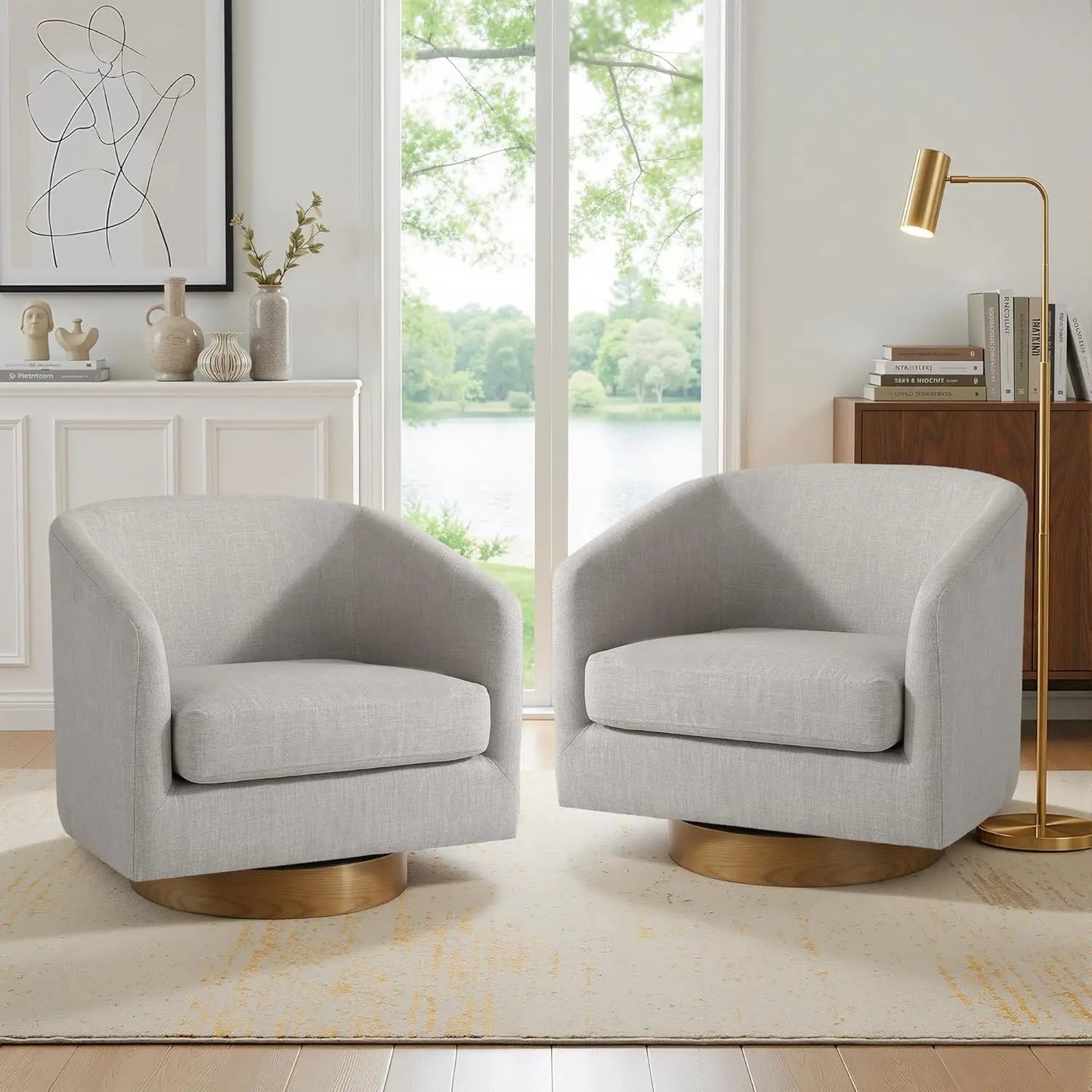 Swivel Accent Chair Set Of 2 Fabric Upholstered Barrel Armchairs