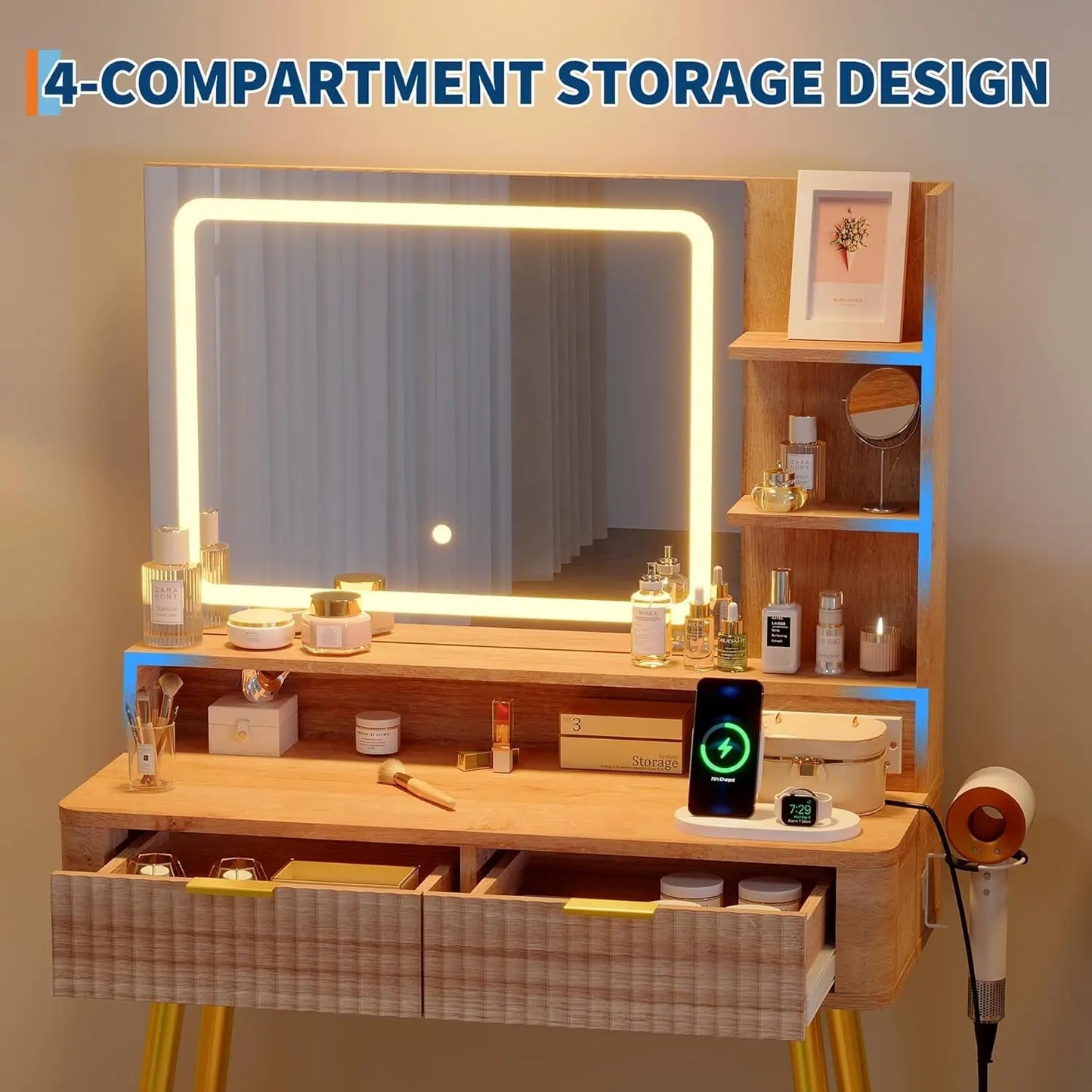 HiMISS Wooden Led Vanity Table With Lighted Mirror And Storage