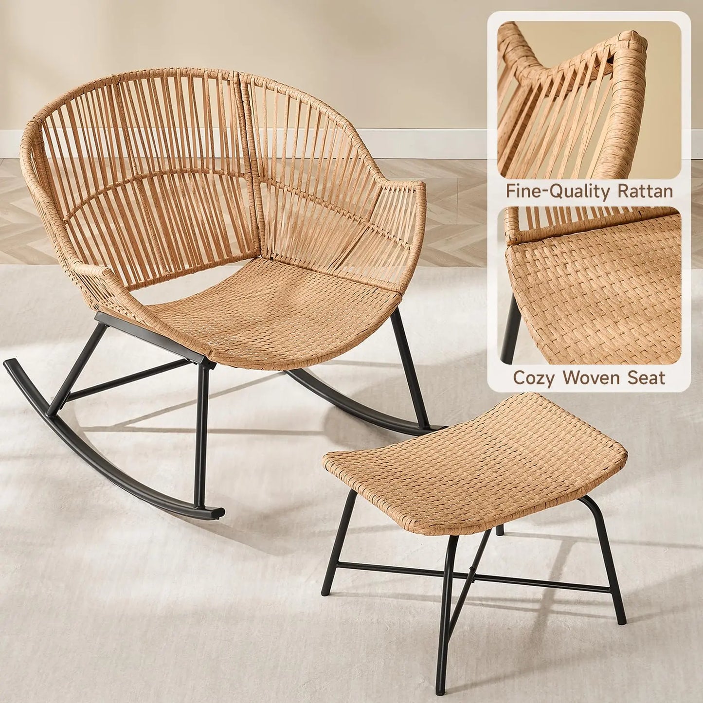 ONBRILL Papasan Rattan Rocking Chair With Ottoman Set