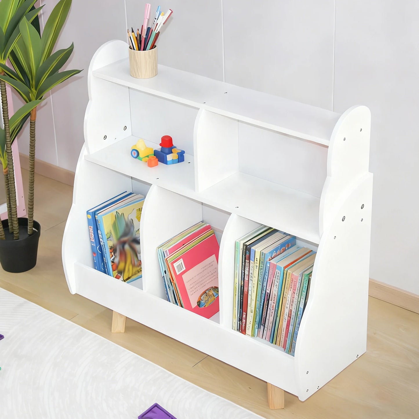 Wooden Kids Bookshelf With Five Storage Baskets For Nursery
