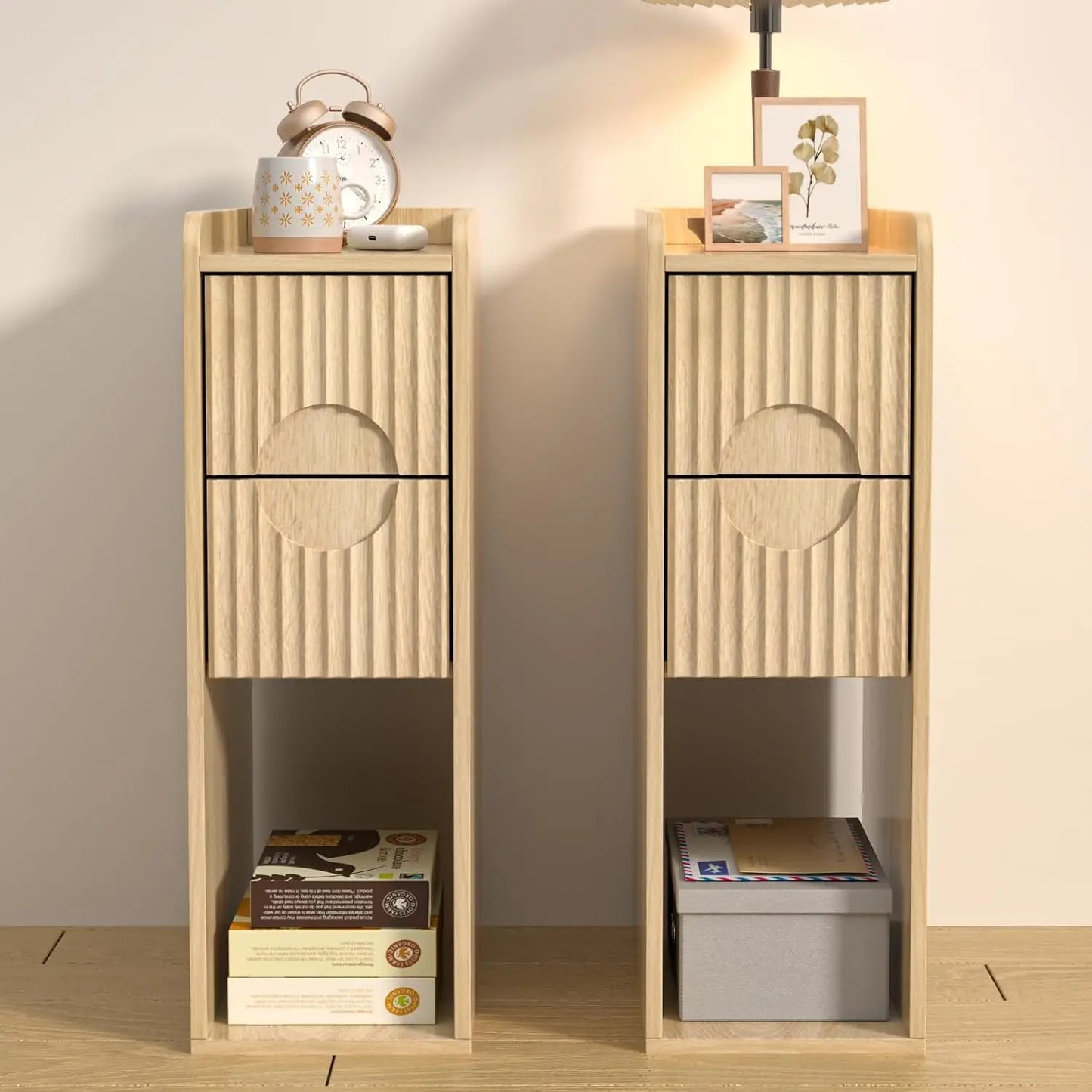 Narrow Fluted Nightstand Set Of 2 Wooden Two Drawer Bedside Tables