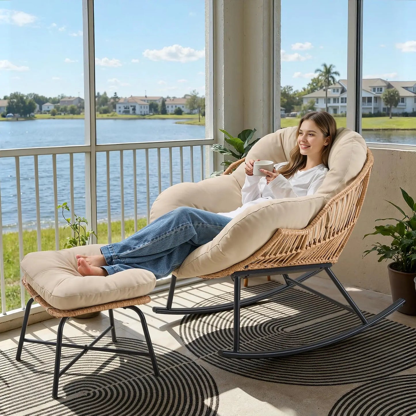 ONBRILL Papasan Rattan Rocking Chair With Ottoman Set