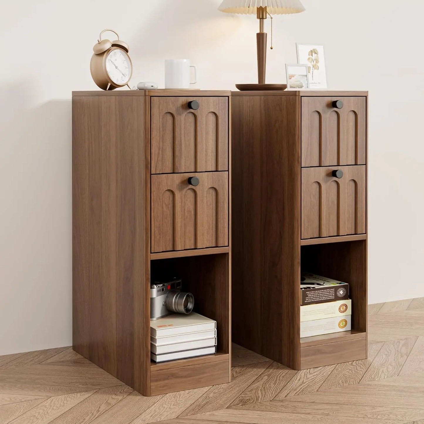 Narrow Fluted Nightstand Set Of 2 Wooden Two Drawer Bedside Tables