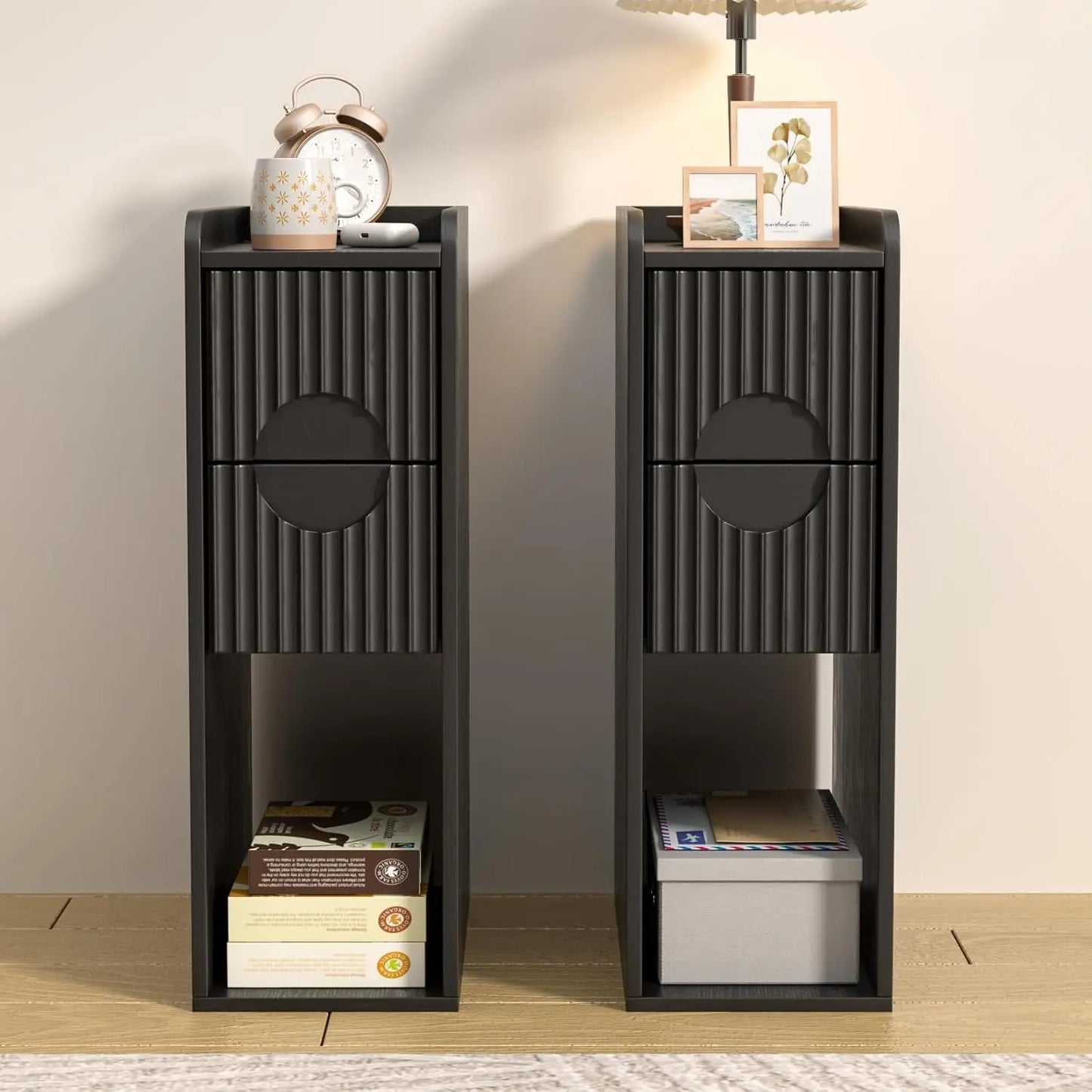 Narrow Fluted Nightstand Set Of 2 Wooden Two Drawer Bedside Tables