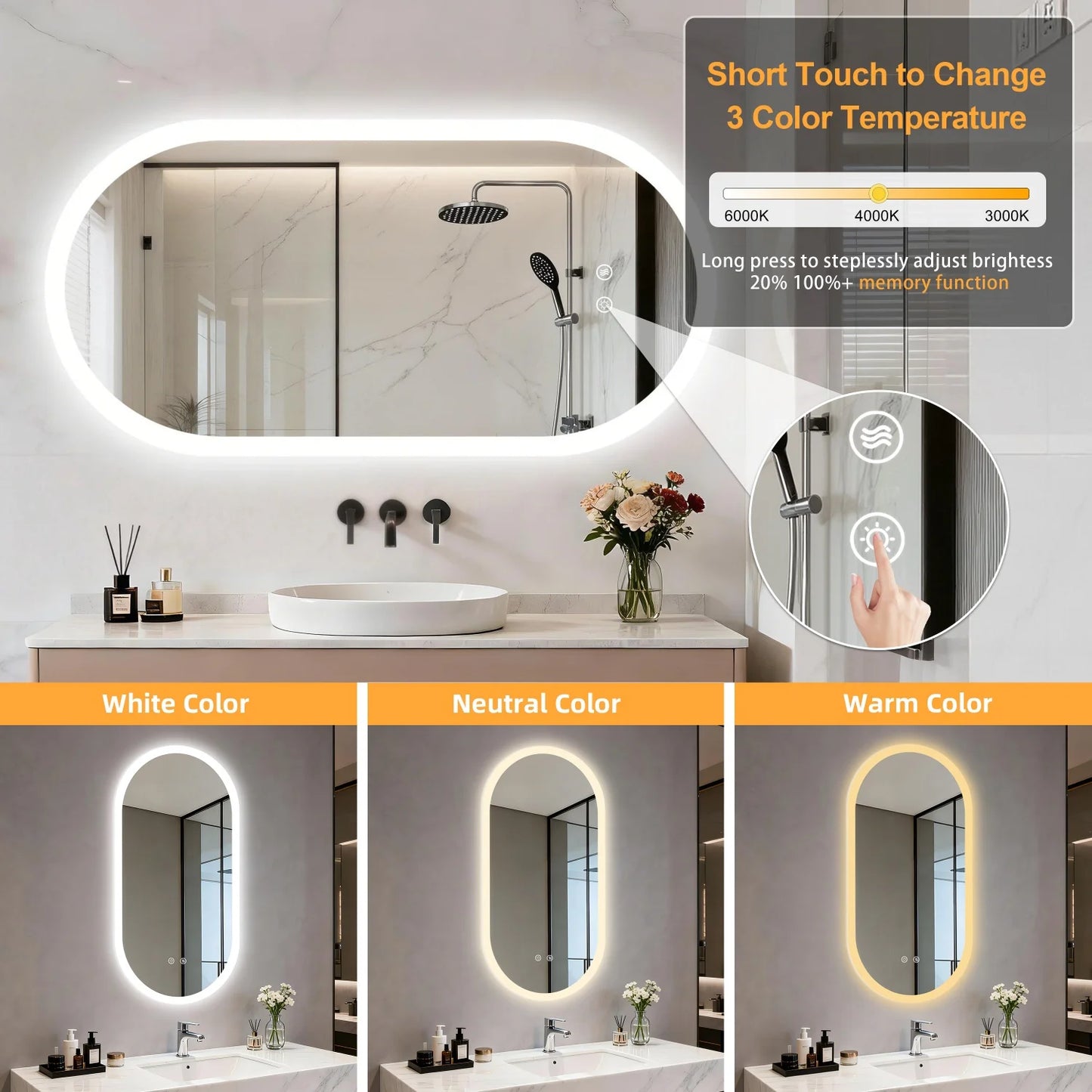 Illuminated Oval Bathroom Mirror With Backlit LEDs And Anti Fog