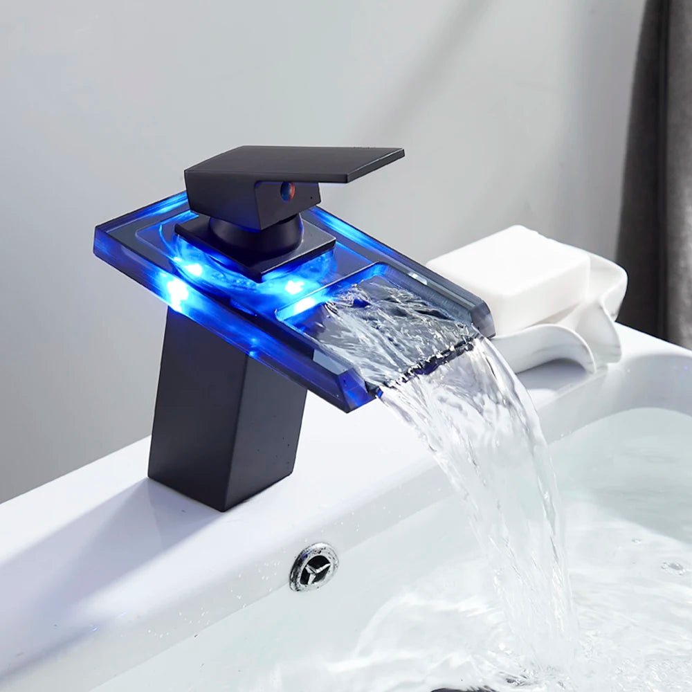 MYQualife LED Waterfall Basin Sink Faucet Single Handle Deck Mounted