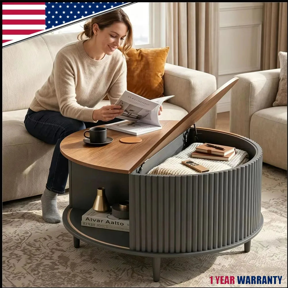 Modern Round Coffee Table With Curved Sliding Storage Door