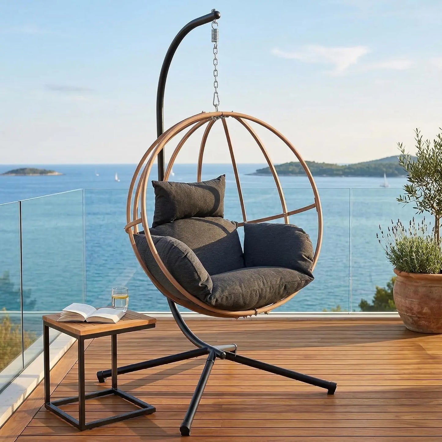Double Egg Hanging Swing Chair With Stand Cushions Headrest