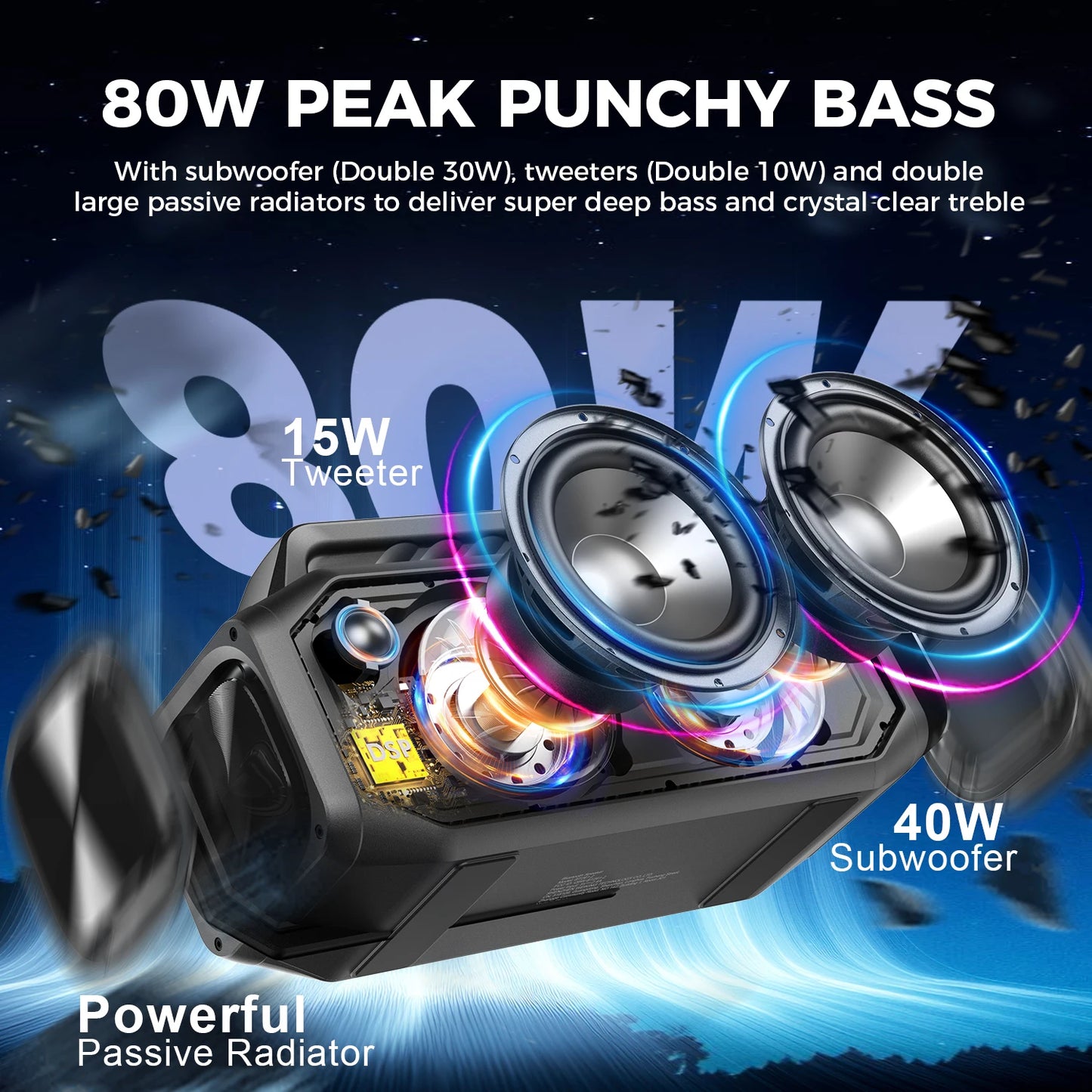 W-KING BT261-2 80W Bluetooth Wireless Portable Outdoor Speaker