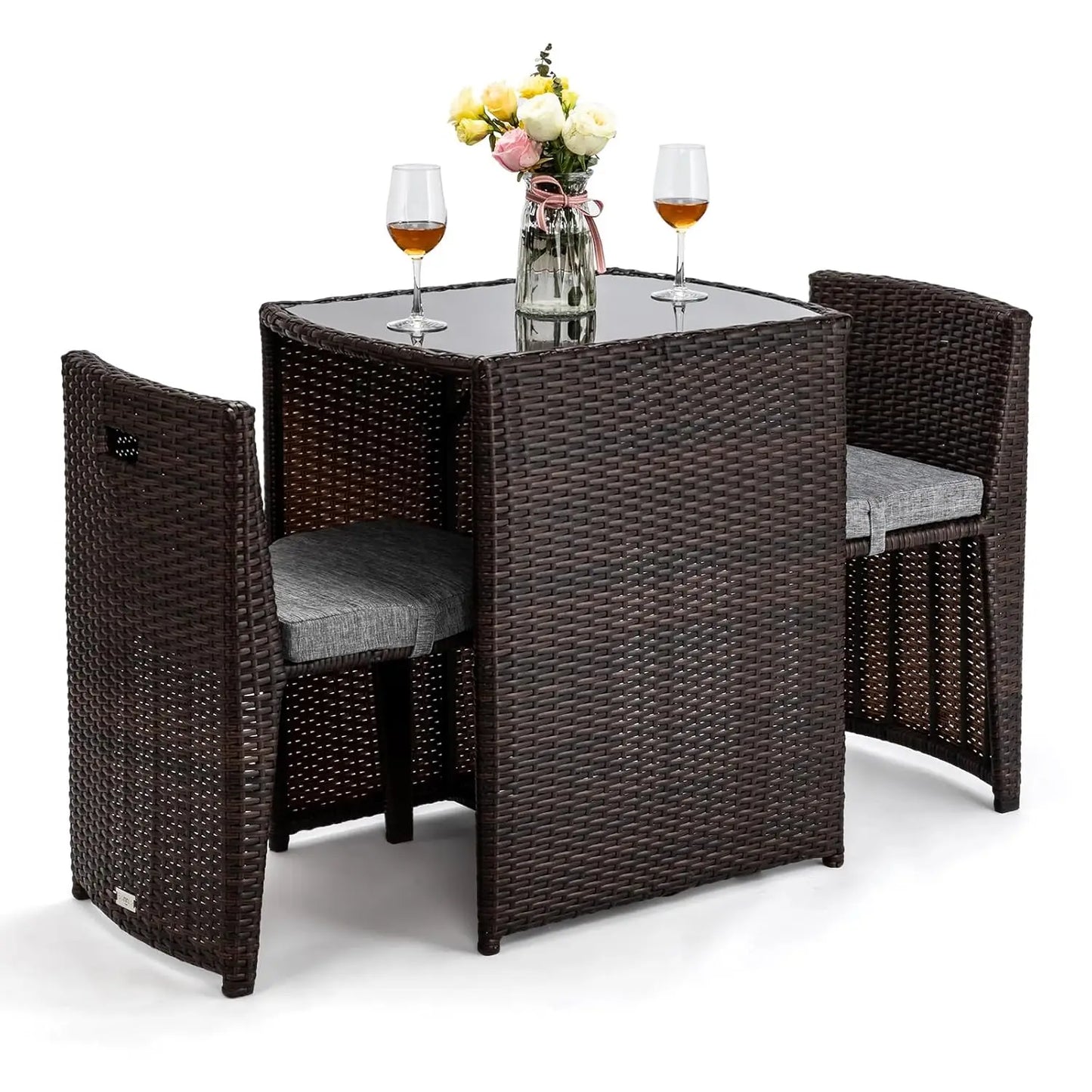 XIAOLANG 3 Piece Wicker Outdoor Patio Bistro Set With Glass Top Table