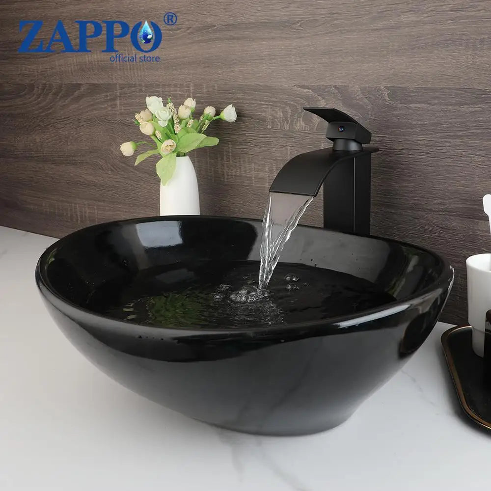 Mekkhal Ceramic Vessel Sink Set With Waterfall Faucet For Bathroom