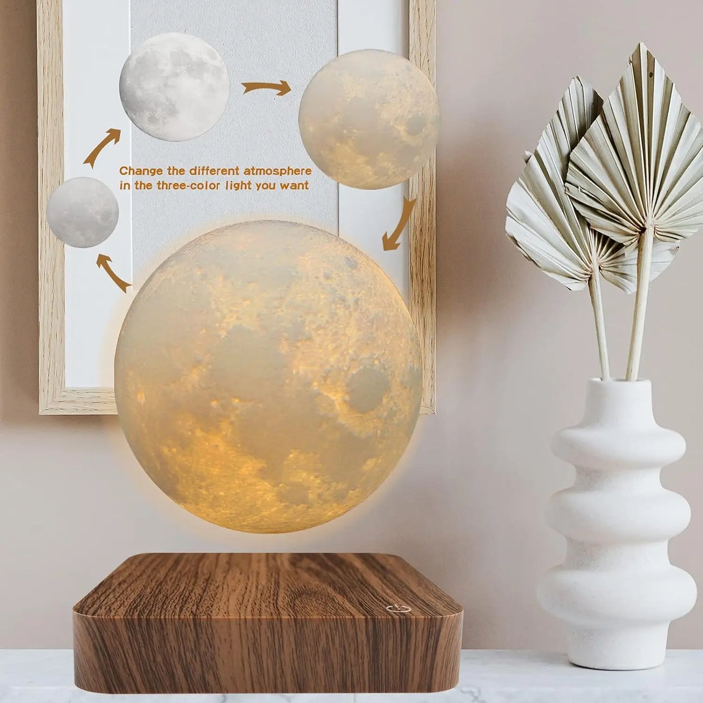 Mexllex Magnetic Floating Moon Lamp With Wooden Base 3 Color LED Night Light