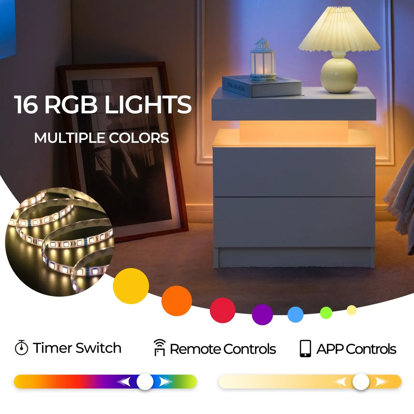 Cubehom Nightstand Set of 2 with LED Drawers for Bedroom