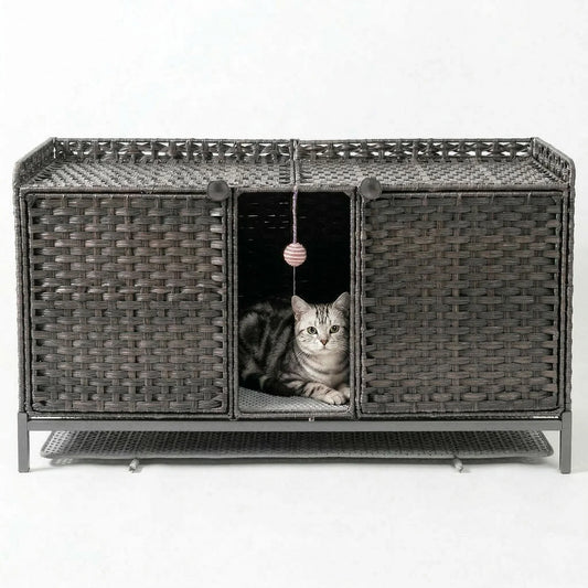 DishyKooker Hidden Cat Litter Box Enclosure Side Table Wicker Rattan