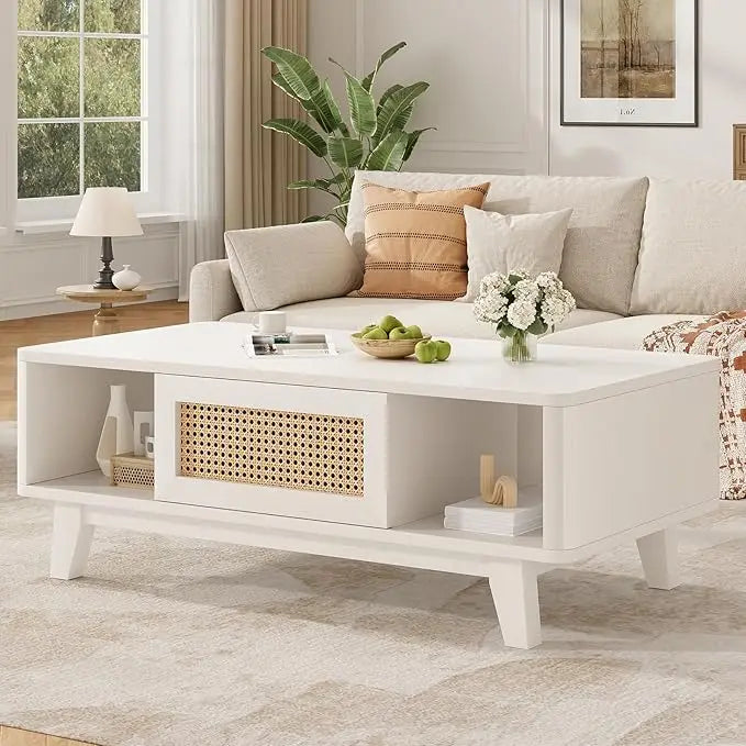 Farini Mid Century Modern Coffee Table With Rattan Drawer