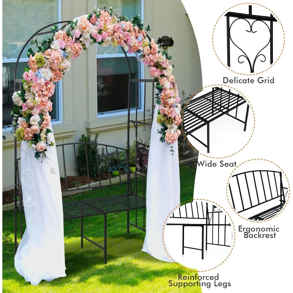 Metal Garden Arch With Bench For Climbing Plants And Vines
