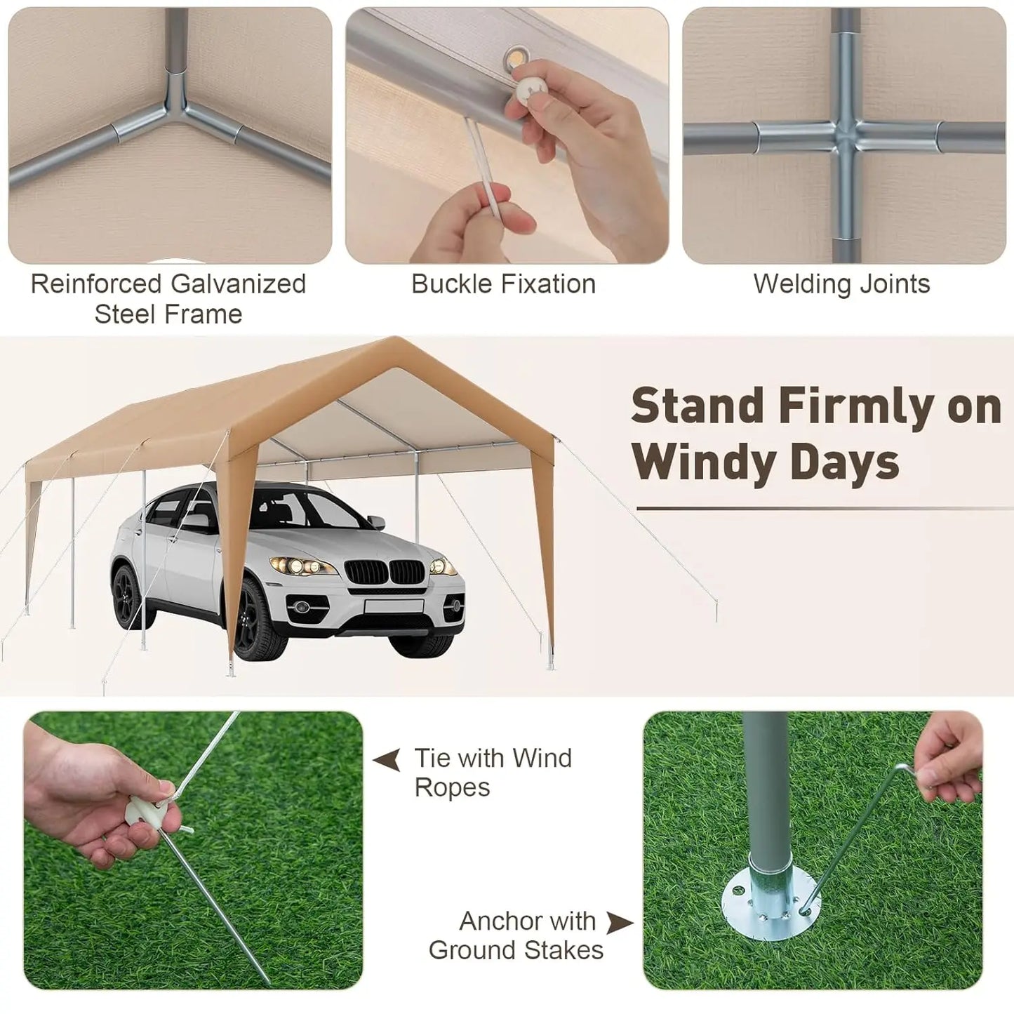 Heavy Duty Carport Shelter With 180g PE Canopy And Steel Frame