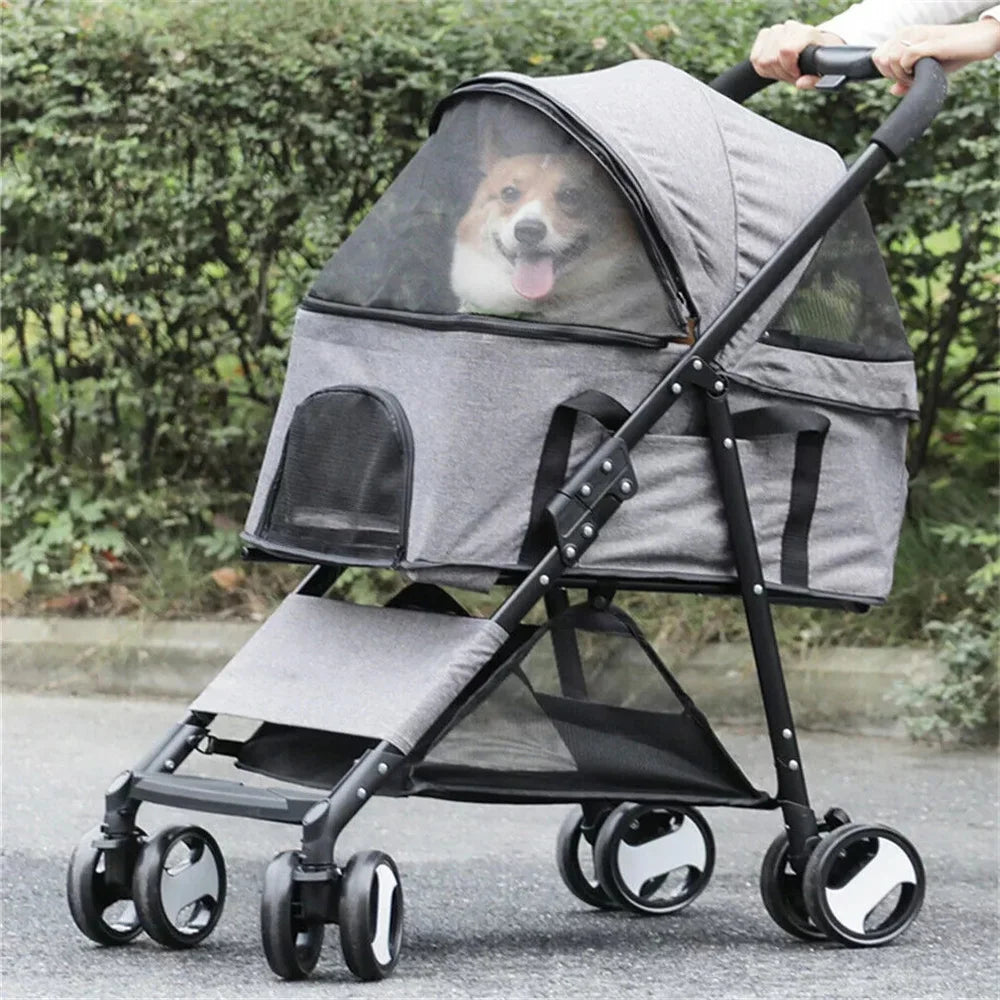 Foldable Pet Dog Stroller With Four Wheels And Storage Basket
