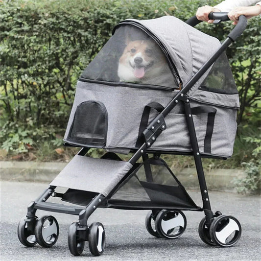 Foldable Pet Dog Stroller With Four Wheels And Storage Basket