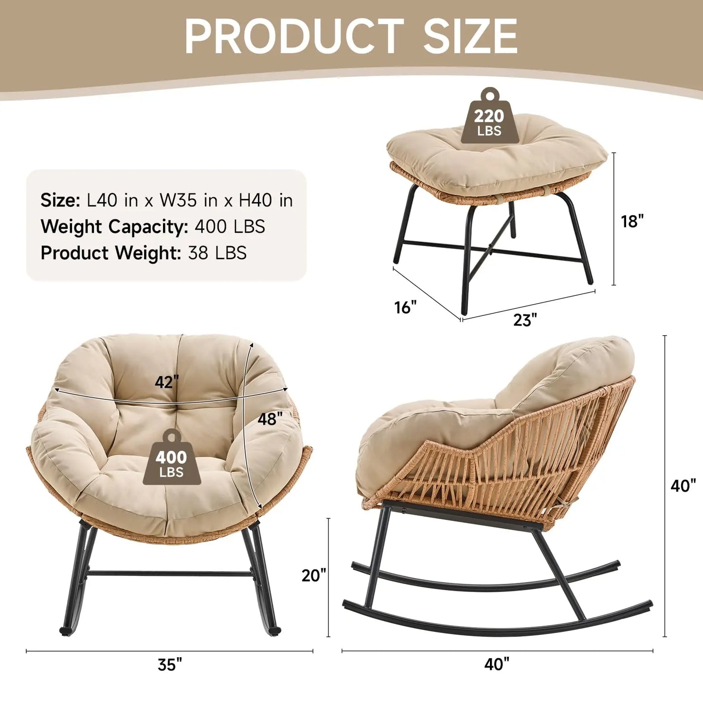 ONBRILL Papasan Rattan Rocking Chair With Ottoman Set
