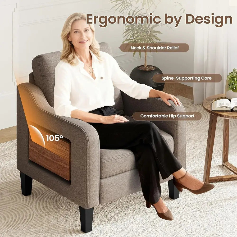 Elegant Linen Upholstered Armchair With Solid Wood Living Room Furniture