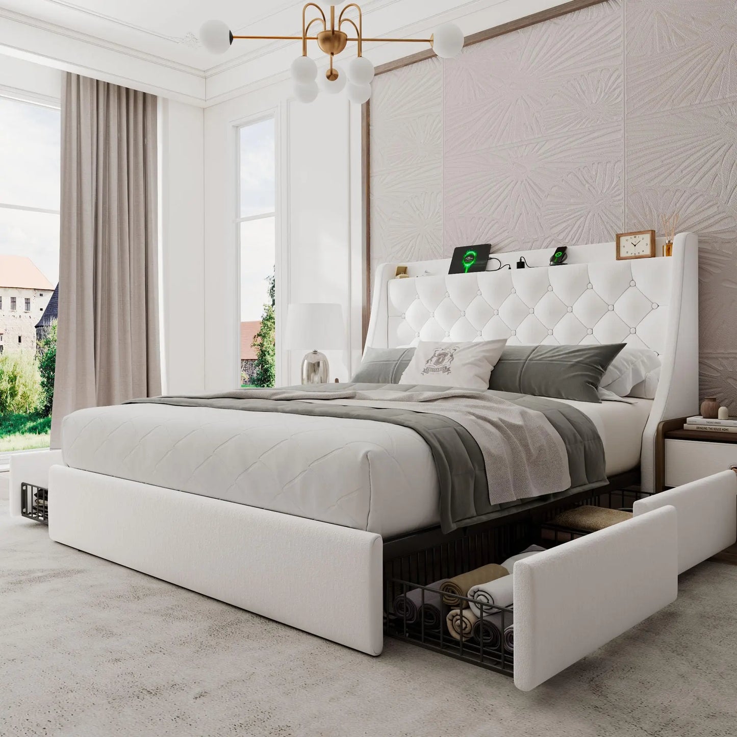 Upholstered Bed Frame With Storage Drawers And USB Charging Station
