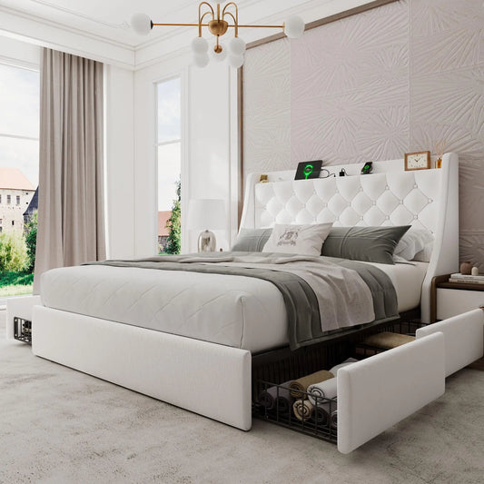 Upholstered Bed Frame With Storage Drawers And USB Charging Station