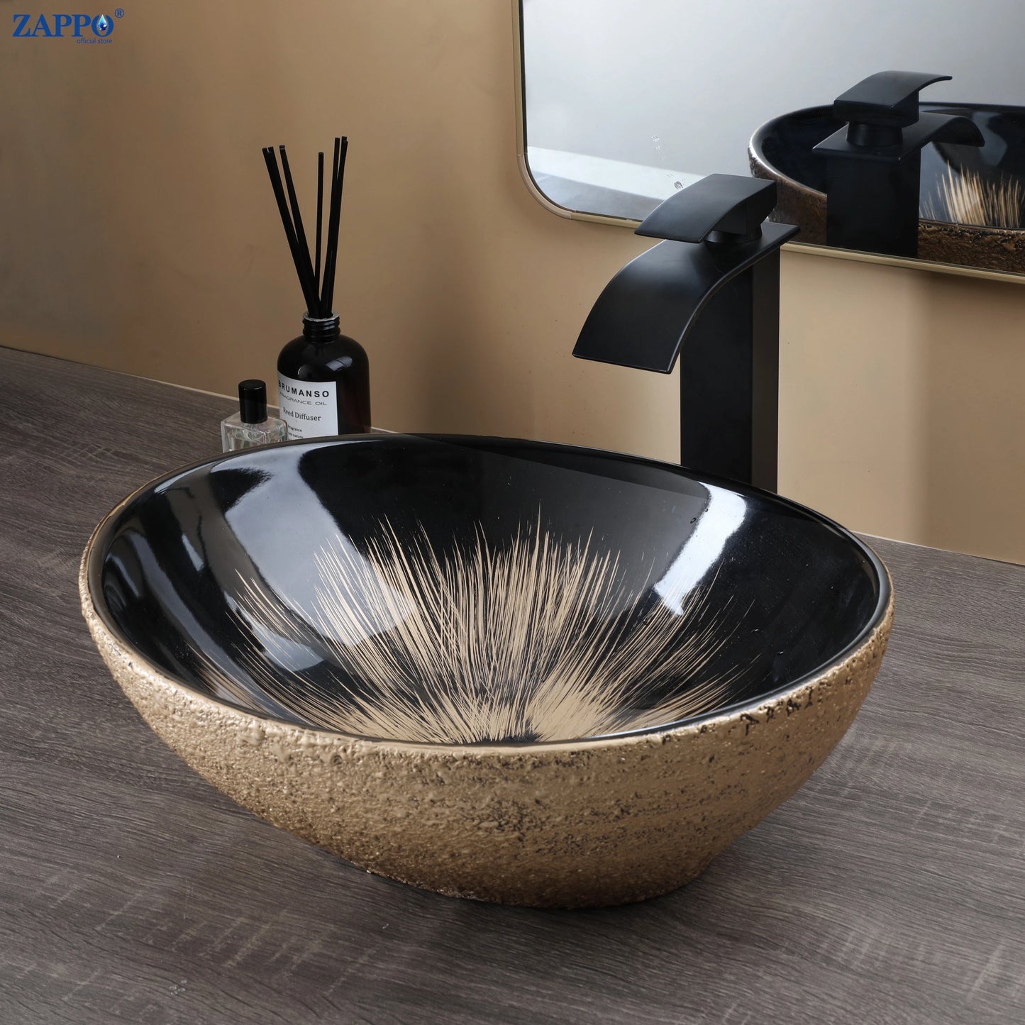 Mekkhal Ceramic Vessel Sink Set With Waterfall Faucet For Bathroom
