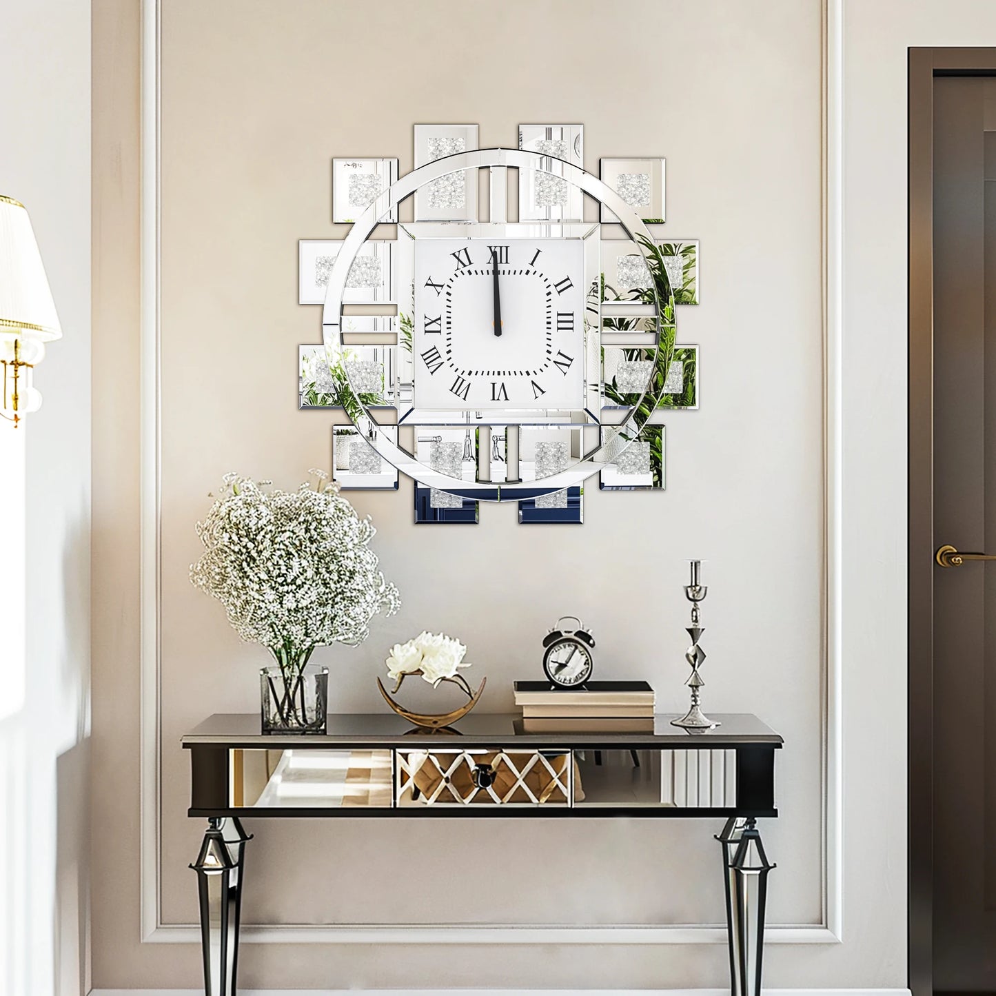 Crush Diamond Mirrored Wall Clock With Roman Numerals Quartz