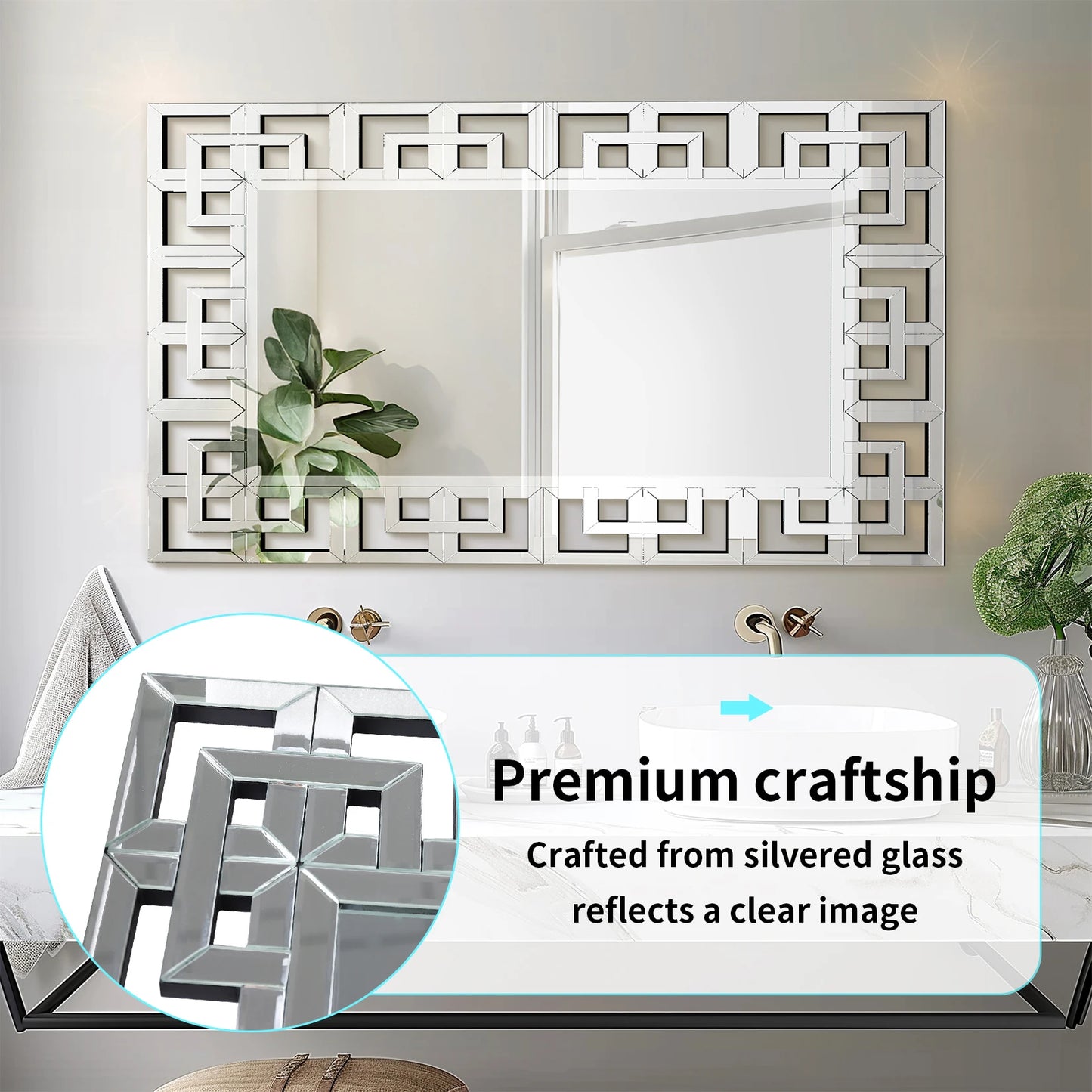 Venetian Style Rectangle Silver Wall Mirror With Beveled Glass Edge