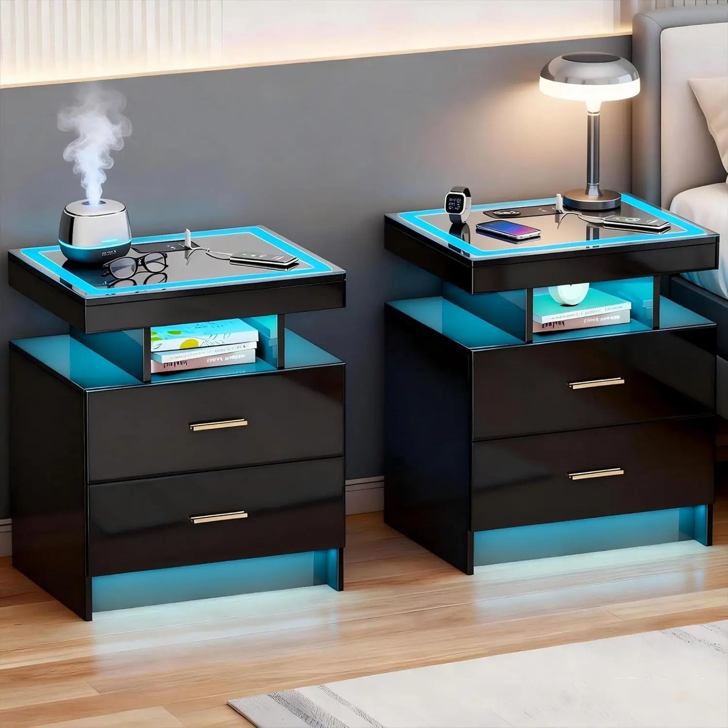 Wireless Charging Nightstand With Auto Sensor LED End Table