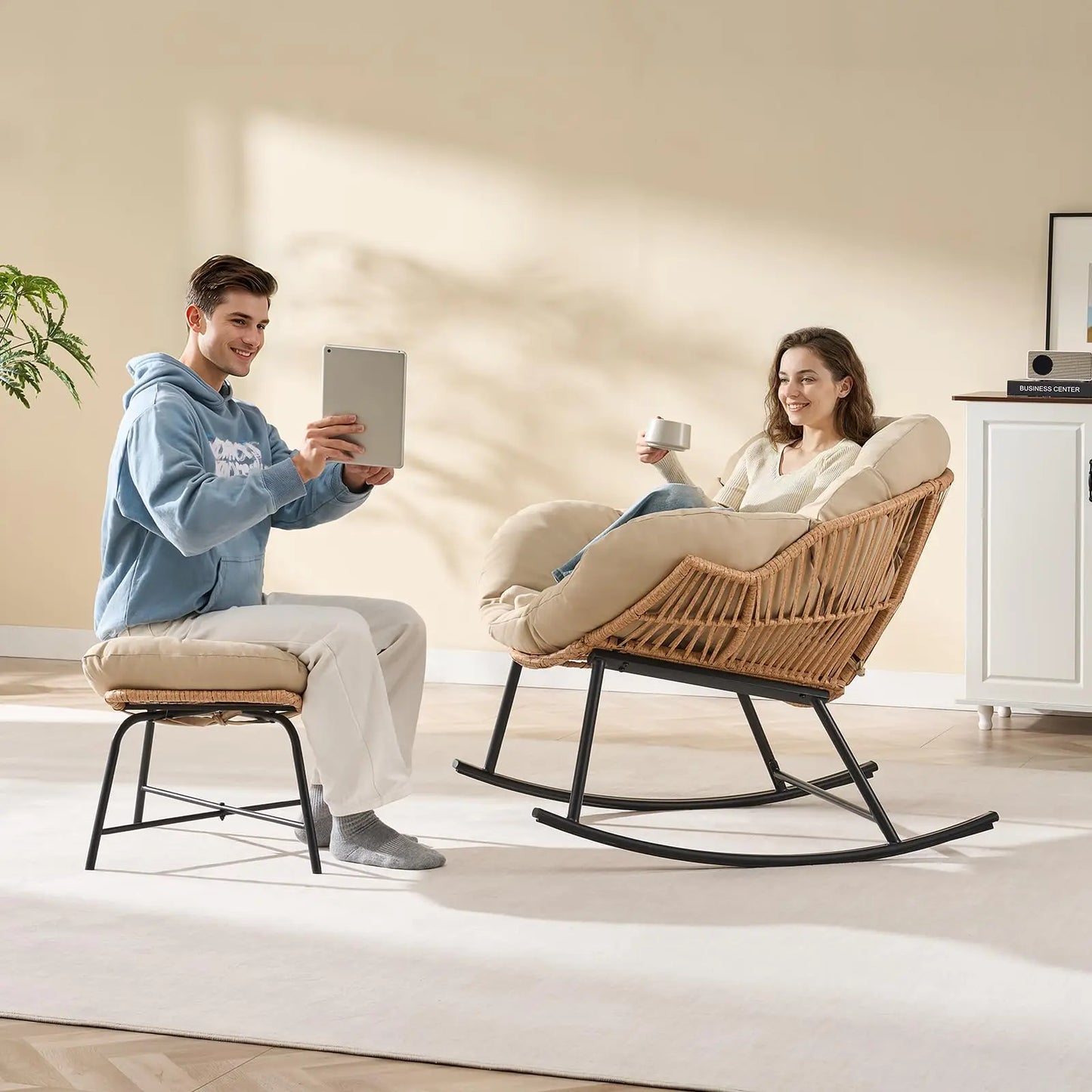 ONBRILL Papasan Rattan Rocking Chair With Ottoman Set