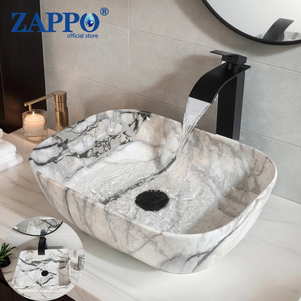 Mekkhala Rectangular Ceramic Vessel Bathroom Sink Set With Drainer