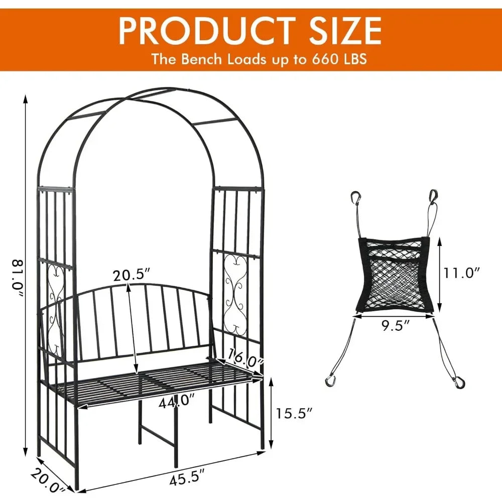 Metal Garden Arch With Bench For Climbing Plants And Vines