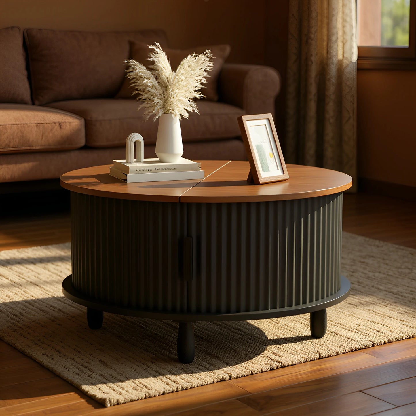 Modern Round Coffee Table With Curved Sliding Storage Door