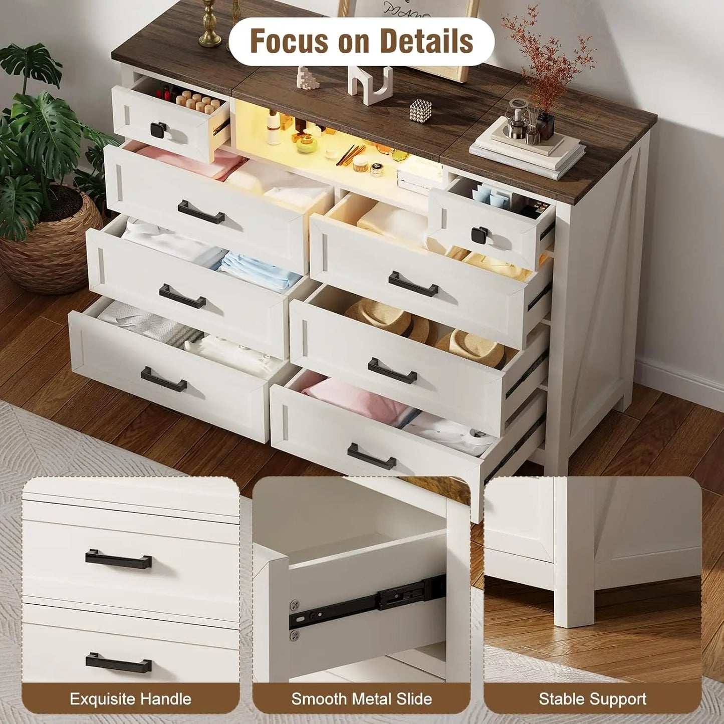 Farmho Dresser With Mirror And LED Vanity, 8 Drawer Wood Chest