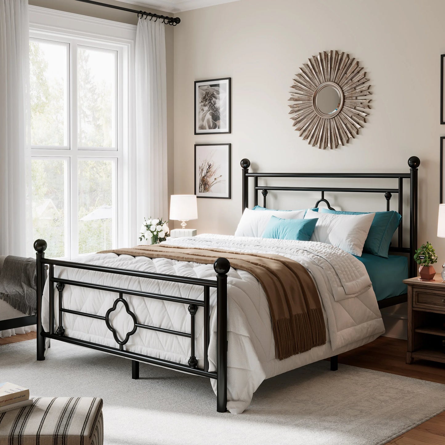 HOOMIC Vintage Victorian Metal Platform Bed Frame With Headboard