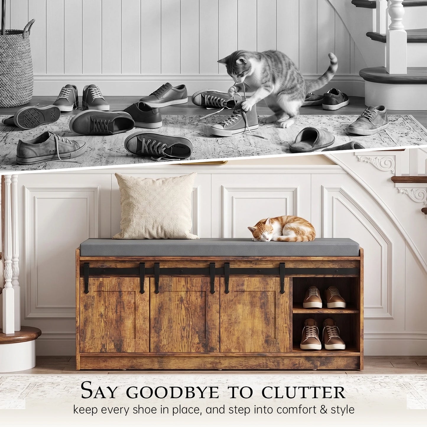 TinyNest Wooden Shoe Storage Bench With Soft Linen Cushion