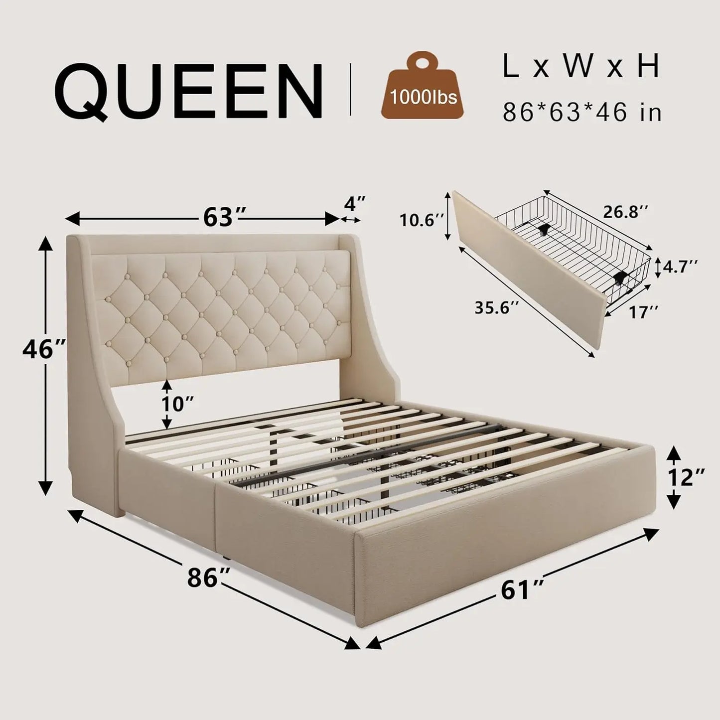 Upholstered Bed Frame With Storage Drawers And USB Charging Station