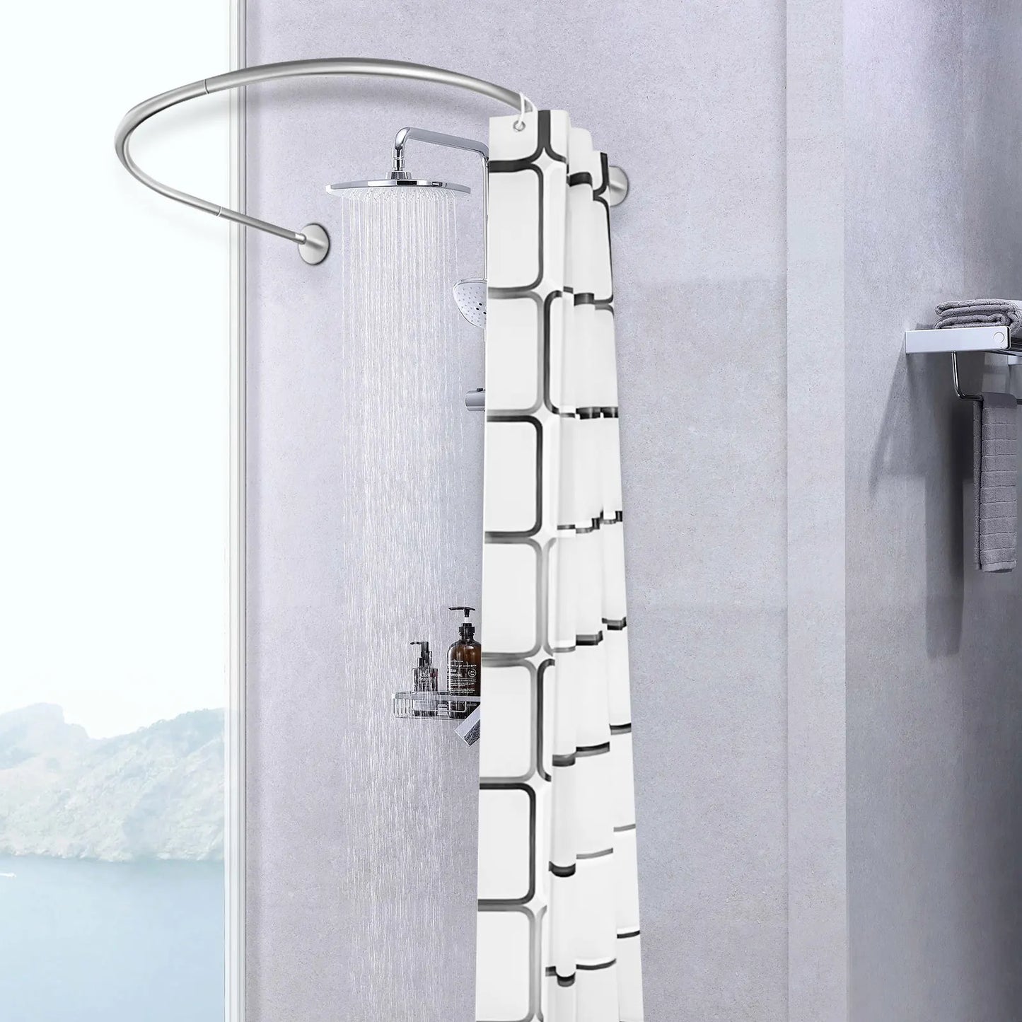 Stainless Steel Adjustable Shower Curtain Rod With Curtain Set