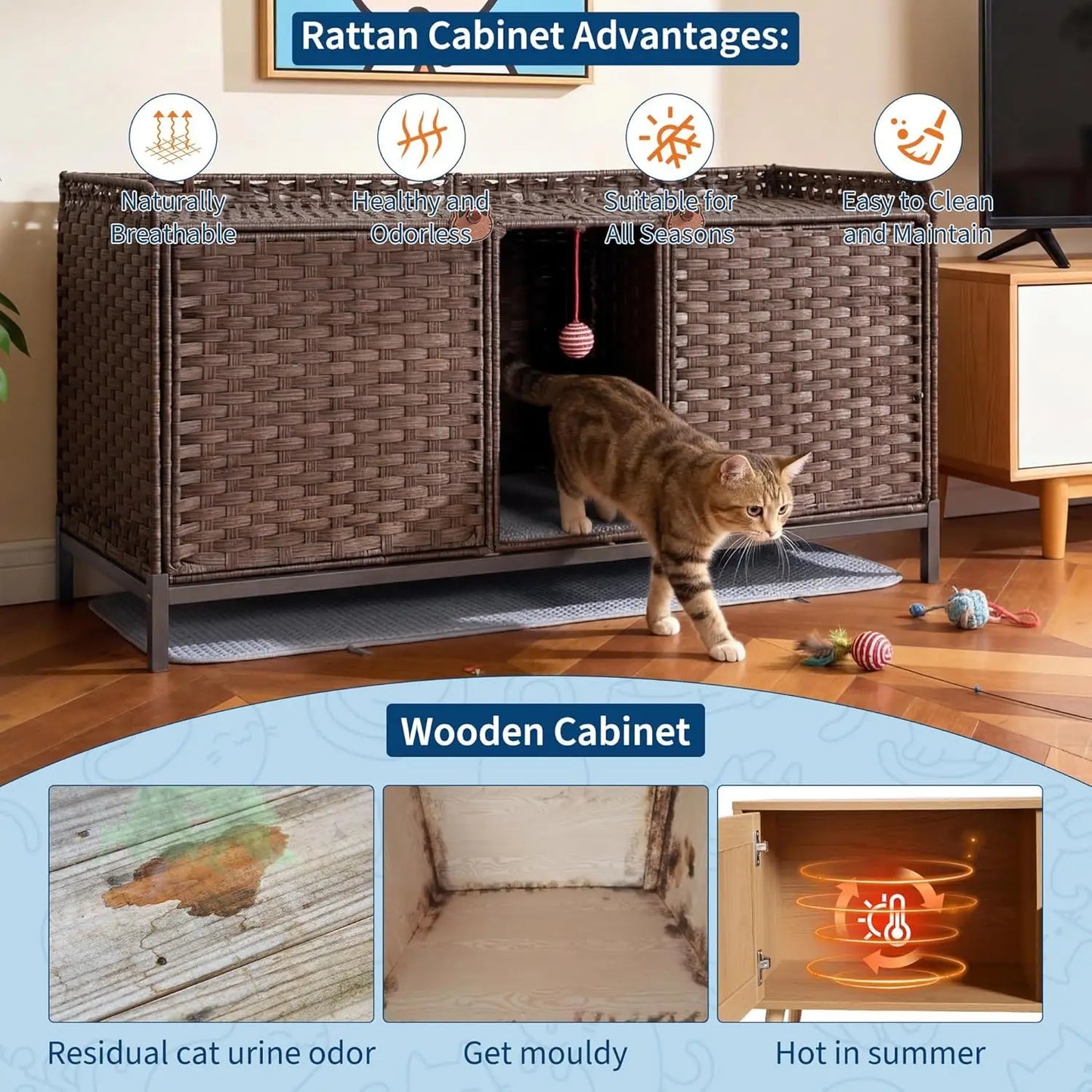 DishyKooker Hidden Cat Litter Box Enclosure Side Table Wicker Rattan
